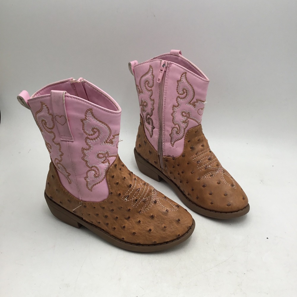 Pawz Kids Pink Brown Faux Ostrich Western Cowboy Boots Size 13 Zipper Heart